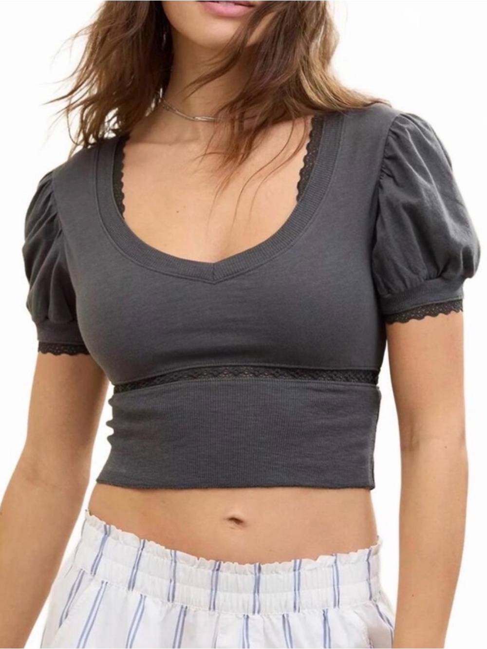 aerie NWT Light Blue Lace-Trim Puff Sleeve Crop Top